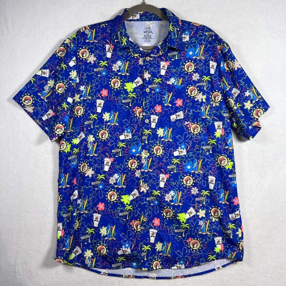 Buc-ee's Mens Hawaiian Shirt Blue Tropical Beaver Surfboard Print Large